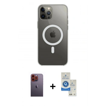 MARSİLYAN™- iPhone 12 Pro Max Kılıf Ahenk Yansıma Prime - Şeffaf Royal Nano Ekran Koruyucu + Neon Fosforlu Kamera Lens - TU