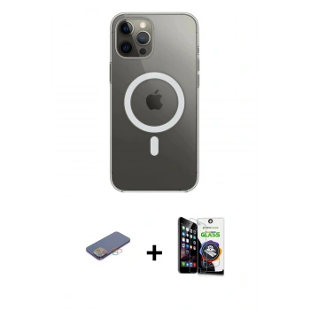MARSİLYAN™- iPhone 12 Pro Max Kılıf Ahenk Yansıma Prime - Şeffaf Temperli Cam Ekran Koruyucu + Renkli Kamera Lens Koruma Cam - PE