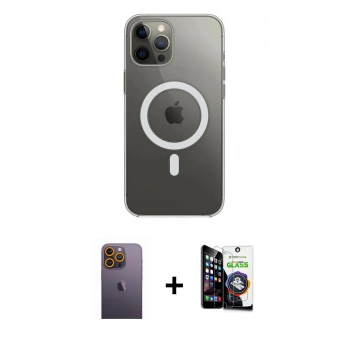 MARSİLYAN™- iPhone 12 Pro Max Kılıf Ahenk Yansıma Prime - Şeffaf Temperli Cam Ekran Koruyucu + Neon Fosforlu Kamera Lens - SI