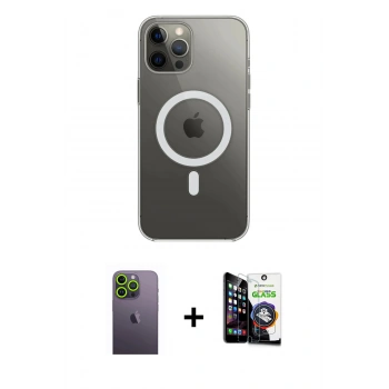 MARSİLYAN™- iPhone 12 Pro Max Kılıf Ahenk Yansıma Prime - Şeffaf Temperli Cam Ekran Koruyucu + Neon Fosforlu Kamera Lens - YL
