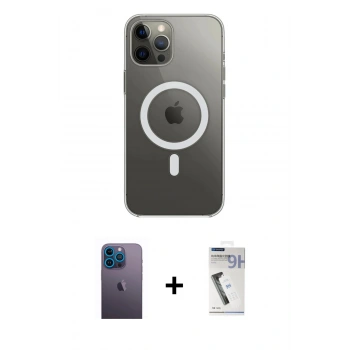 MARSİLYAN™- iPhone 12 Pro Max Kılıf Ahenk Yansıma Prime - Şeffaf Uv Polymer Nano Ekran Koruyucu + Neon Fosforlu Kamera Lens - MI