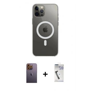 MARSİLYAN™- iPhone 12 Pro Max Kılıf Ahenk Yansıma Prime - Şeffaf Uv Polymer Nano Ekran Koruyucu + Neon Fosforlu Kamera Lens - SI