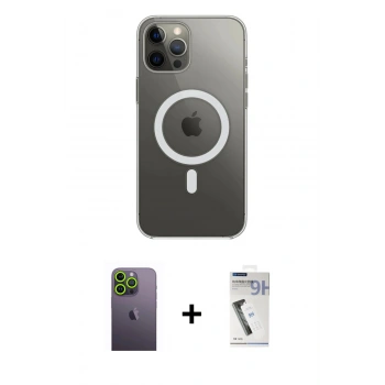 MARSİLYAN™- iPhone 12 Pro Max Kılıf Ahenk Yansıma Prime - Şeffaf Uv Polymer Nano Ekran Koruyucu + Neon Fosforlu Kamera Lens - YL