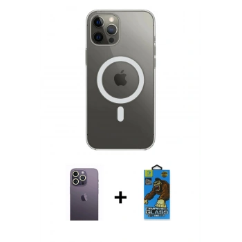 MARSİLYAN™- iPhone 12 Pro Max Kılıf Ahenk Yansıma Prime - Siyah 18D Cam Ekran Koruyucu + Neon Fosforlu Kamera Lens - BZ