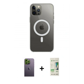 MARSİLYAN™- iPhone 12 Pro Max Kılıf Ahenk Yansıma Prime - Siyah 20D Premium Cam Ekran Koruyucu + Neon Fosforlu Kamera Lens - YL
