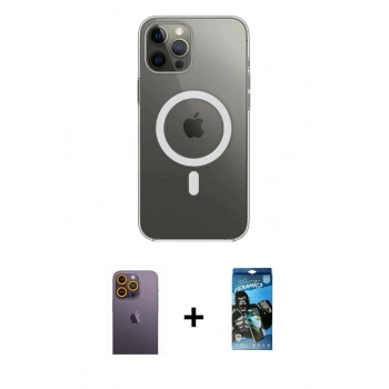 MARSİLYAN™- iPhone 12 Pro Max Kılıf Ahenk Yansıma Prime - Siyah 34D Izgaralı Cam + Neon Fosforlu Kamera Lens - SI