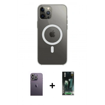 MARSİLYAN™- iPhone 12 Pro Max Kılıf Ahenk Yansıma Prime - Siyah 360 Mat Full Body Arka Koruyucu + Neon Fosforlu Kamera Lens - BZ