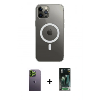 MARSİLYAN™- iPhone 12 Pro Max Kılıf Ahenk Yansıma Prime - Siyah 360 Mat Full Body Arka Koruyucu + Neon Fosforlu Kamera Lens - YL