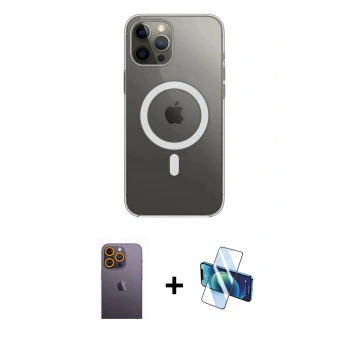MARSİLYAN™- iPhone 12 Pro Max Kılıf Ahenk Yansıma Prime - Siyah 3D Antistatik Cam Ekran Koruyucu + Neon Fosforlu Kamera Lens - SI