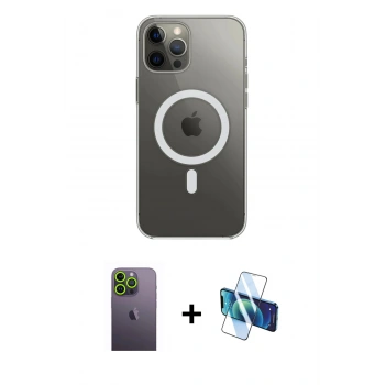 MARSİLYAN™- iPhone 12 Pro Max Kılıf Ahenk Yansıma Prime - Siyah 3D Antistatik Cam Ekran Koruyucu + Neon Fosforlu Kamera Lens - YL
