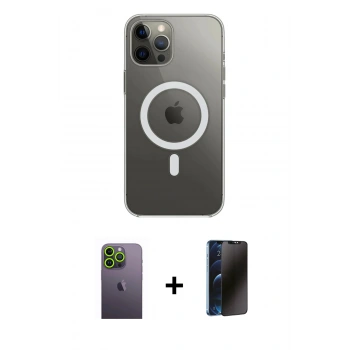 MARSİLYAN™- iPhone 12 Pro Max Kılıf Ahenk Yansıma Prime - Siyah 3D Antistatik Hayalet Cam Ekran Koruyucu + Neon Fosforlu Kamera Lens - YL