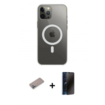 MARSİLYAN™- iPhone 12 Pro Max Kılıf Ahenk Yansıma Prime - Siyah 3D Antistatik Hayalet Cam Ekran Koruyucu + Shine Kamera Lens Koruma Cam - SABE
