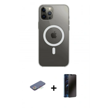 MARSİLYAN™- iPhone 12 Pro Max Kılıf Ahenk Yansıma Prime - Siyah 3D Antistatik Hayalet Cam Ekran Koruyucu + Renkli Kamera Lens Koruma Cam - MI