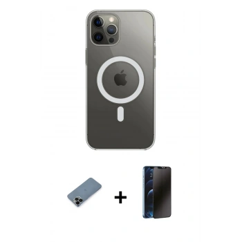 MARSİLYAN™- iPhone 12 Pro Max Kılıf Ahenk Yansıma Prime - Siyah 3D Antistatik Hayalet Cam Ekran Koruyucu + Shine Kamera Lens Koruma Cam - SH