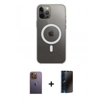 MARSİLYAN™- iPhone 12 Pro Max Kılıf Ahenk Yansıma Prime - Siyah 3D Antistatik Hayalet Cam Ekran Koruyucu + Neon Fosforlu Kamera Lens - SI