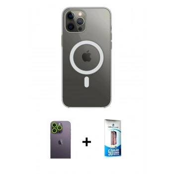 MARSİLYAN™- iPhone 12 Pro Max Kılıf Ahenk Yansıma Prime - Siyah 5D Eko Cam Ekran Koruyucu + Neon Fosforlu Kamera Lens - YL