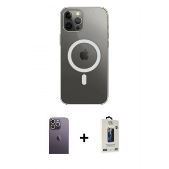 MARSİLYAN™- iPhone 12 Pro Max Kılıf Ahenk Yansıma Prime - Siyah Bilvis Hayalet Cam Ekran Koruyucu + Neon Fosforlu Kamera Lens - BZ