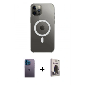 MARSİLYAN™- iPhone 12 Pro Max Kılıf Ahenk Yansıma Prime - Siyah Bilvis Hayalet Cam Ekran Koruyucu + Neon Fosforlu Kamera Lens - MI