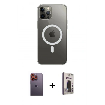 MARSİLYAN™- iPhone 12 Pro Max Kılıf Ahenk Yansıma Prime - Siyah Bilvis Hayalet Cam Ekran Koruyucu + Neon Fosforlu Kamera Lens - TU