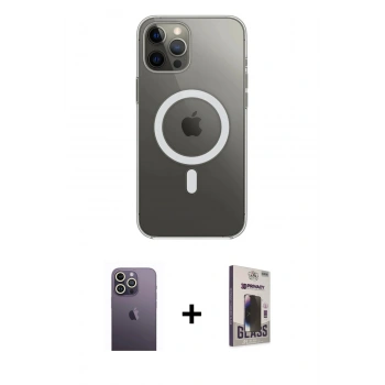 MARSİLYAN™- iPhone 12 Pro Max Kılıf Ahenk Yansıma Prime - Siyah Bilvis Hayalet Cam Ekran Koruyucu + Neon Fosforlu Kamera Lens - BZ