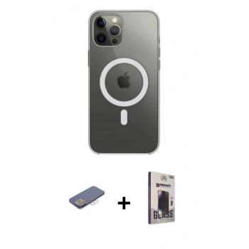 MARSİLYAN™- iPhone 12 Pro Max Kılıf Ahenk Yansıma Prime - Siyah Bilvis Hayalet Cam Ekran Koruyucu + Renkli Kamera Lens Koruma Cam - PE