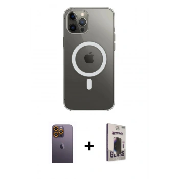 MARSİLYAN™- iPhone 12 Pro Max Kılıf Ahenk Yansıma Prime - Siyah Bilvis Hayalet Cam Ekran Koruyucu + Neon Fosforlu Kamera Lens - SI