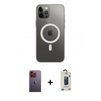 MARSİLYAN™- iPhone 12 Pro Max Kılıf Ahenk Yansıma Prime - Siyah Bilvis Hayalet Cam Ekran Koruyucu + Neon Fosforlu Kamera Lens - TU