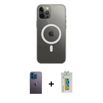 MARSİLYAN™- iPhone 12 Pro Max Kılıf Ahenk Yansıma Prime - Siyah Polymer Nano Ekran Koruyucu + Neon Fosforlu Kamera Lens - MI