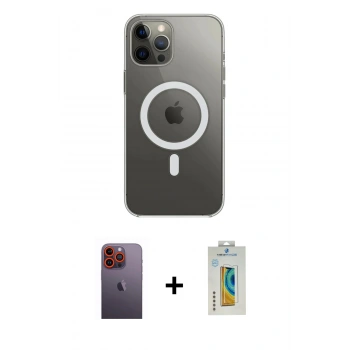 MARSİLYAN™- iPhone 12 Pro Max Kılıf Ahenk Yansıma Prime - Siyah Polymer Nano Ekran Koruyucu + Neon Fosforlu Kamera Lens - TU