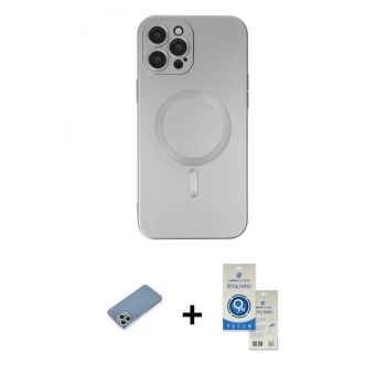 MARSİLYAN™- iPhone 12 Pro Max Kılıf Akış Minimal Özel Seri - Şeffaf Royal Nano Ekran Koruyucu + Shine Kamera Lens Koruma Cam - GS