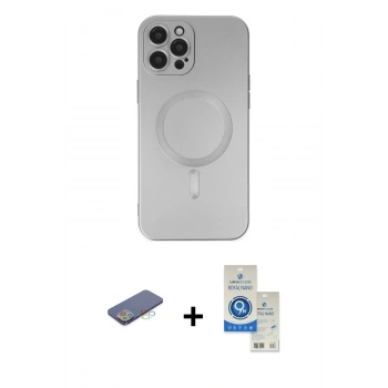 MARSİLYAN™- iPhone 12 Pro Max Kılıf Akış Minimal Özel Seri - Şeffaf Royal Nano Ekran Koruyucu + Renkli Kamera Lens Koruma Cam - MI