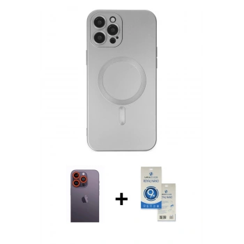 MARSİLYAN™- iPhone 12 Pro Max Kılıf Akış Minimal Özel Seri - Şeffaf Royal Nano Ekran Koruyucu + Neon Fosforlu Kamera Lens - TU