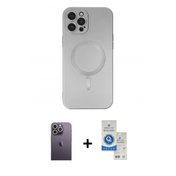 MARSİLYAN™- iPhone 12 Pro Max Kılıf Akış Minimal Özel Seri - Şeffaf Royal Nano Ekran Koruyucu + Neon Fosforlu Kamera Lens - BZ
