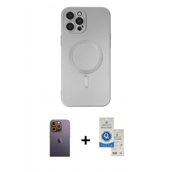 MARSİLYAN™- iPhone 12 Pro Max Kılıf Akış Minimal Özel Seri - Şeffaf Royal Nano Ekran Koruyucu + Neon Fosforlu Kamera Lens - SI