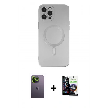 MARSİLYAN™- iPhone 12 Pro Max Kılıf Akış Minimal Özel Seri - Şeffaf Temperli Cam Ekran Koruyucu + Neon Fosforlu Kamera Lens - YL