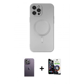 MARSİLYAN™- iPhone 12 Pro Max Kılıf Akış Minimal Özel Seri - Şeffaf Temperli Cam Ekran Koruyucu + Neon Fosforlu Kamera Lens - BZ
