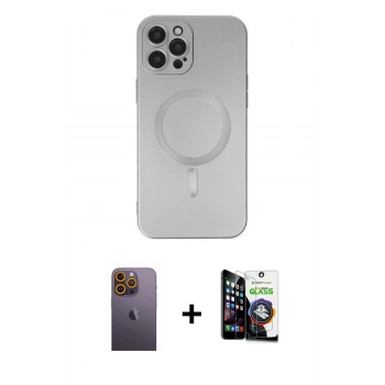MARSİLYAN™- iPhone 12 Pro Max Kılıf Akış Minimal Özel Seri - Şeffaf Temperli Cam Ekran Koruyucu + Neon Fosforlu Kamera Lens - SI