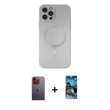 MARSİLYAN™- iPhone 12 Pro Max Kılıf Akış Minimal Özel Seri - Siyah 34D Izgaralı Cam + Neon Fosforlu Kamera Lens - TU