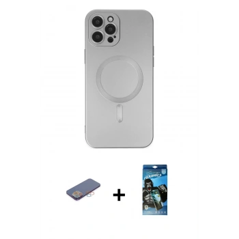 MARSİLYAN™- iPhone 12 Pro Max Kılıf Akış Minimal Özel Seri - Siyah 34D Izgaralı Cam + Renkli Kamera Lens Koruma Cam - PE