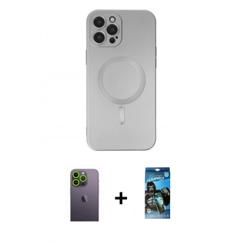 MARSİLYAN™- iPhone 12 Pro Max Kılıf Akış Minimal Özel Seri - Siyah 34D Izgaralı Cam + Neon Fosforlu Kamera Lens - YL