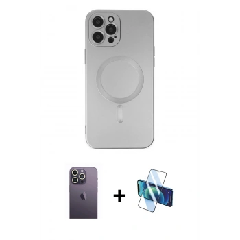MARSİLYAN™- iPhone 12 Pro Max Kılıf Akış Minimal Özel Seri - Siyah 3D Antistatik Cam Ekran Koruyucu + Neon Fosforlu Kamera Lens - BZ