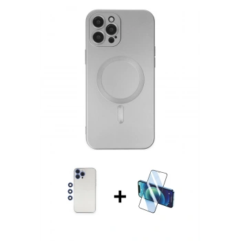 MARSİLYAN™- iPhone 12 Pro Max Kılıf Akış Minimal Özel Seri - Siyah 3D Antistatik Cam Ekran Koruyucu + Shine Kamera Lens - LT