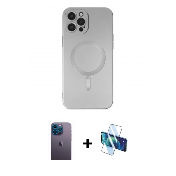 MARSİLYAN™- iPhone 12 Pro Max Kılıf Akış Minimal Özel Seri - Siyah 3D Antistatik Cam Ekran Koruyucu + Neon Fosforlu Kamera Lens - MI
