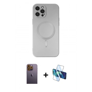 MARSİLYAN™- iPhone 12 Pro Max Kılıf Akış Minimal Özel Seri - Siyah 3D Antistatik Cam Ekran Koruyucu + Neon Fosforlu Kamera Lens - SI