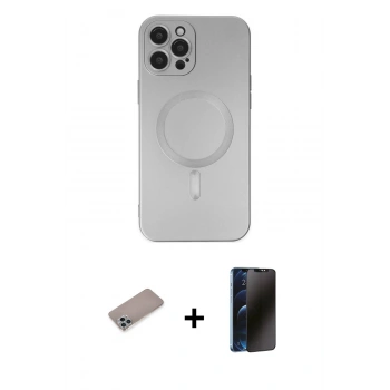 MARSİLYAN™- iPhone 12 Pro Max Kılıf Akış Minimal Özel Seri - Siyah 3D Antistatik Hayalet Cam Ekran Koruyucu + Shine Kamera Lens Koruma Cam - SABE