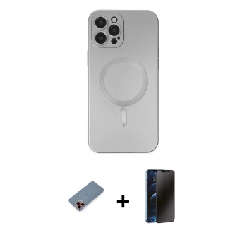 MARSİLYAN™- iPhone 12 Pro Max Kılıf Akış Minimal Özel Seri - Siyah 3D Antistatik Hayalet Cam Ekran Koruyucu + Metal Kamera Lens Koruma Cam - KI