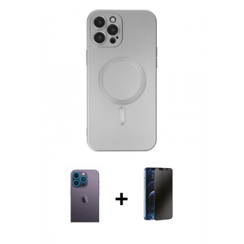 MARSİLYAN™- iPhone 12 Pro Max Kılıf Akış Minimal Özel Seri - Siyah 3D Antistatik Hayalet Cam Ekran Koruyucu + Neon Fosforlu Kamera Lens - MI
