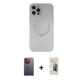 MARSİLYAN™- iPhone 12 Pro Max Kılıf Akış Minimal Özel Seri - Siyah 6D Mat Seramik Hayalet Nano Ekran Koruyucu + Neon Fosforlu Kamera Lens - SI