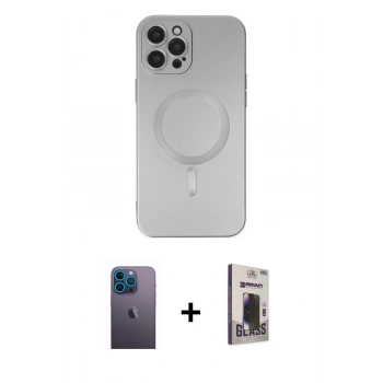 MARSİLYAN™- iPhone 12 Pro Max Kılıf Akış Minimal Özel Seri - Siyah Bilvis Hayalet Cam Ekran Koruyucu + Neon Fosforlu Kamera Lens - MI