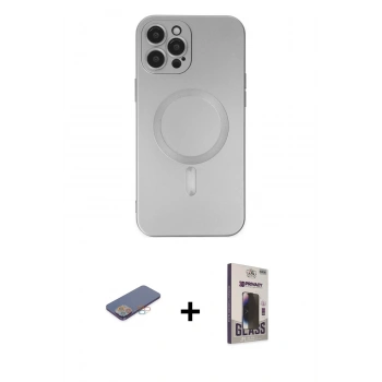 MARSİLYAN™- iPhone 12 Pro Max Kılıf Akış Minimal Özel Seri - Siyah Bilvis Hayalet Cam Ekran Koruyucu + Renkli Kamera Lens Koruma Cam - PE